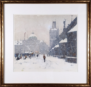 Šimon Tavík František – Kluziště pod Karlovým mostem, původní barevný lept, 1917