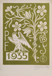 Baruch Jožka – P. F. 1935, osobní novoročenka, barevný dřevoryt, 1934