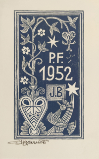 Baruch Jožka – P.F. 1952, osobní novoročenka, původní barevný dřevoryt, 1951
