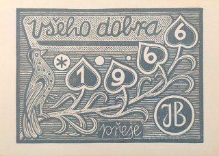 Baruch Jožka – Všeho dobra 1966 přeje JB, osobní novoročenka, barevný dřevoryt, 1965
