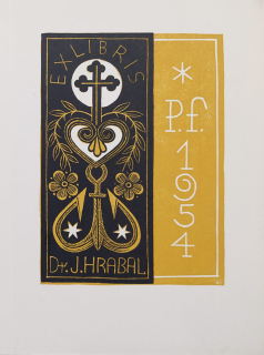 Baruch Jožka – P. F. 1954, Ex libris Dr. J. Hrabal, barevný dřevoryt, 1953