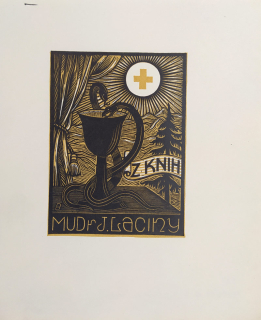 Baruch Jožka – Ex libris, Z knih MUDr. J. Laciny, barevný dřevoryt, 1933