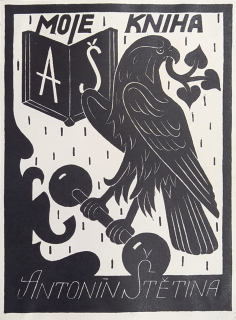 Baruch Jožka – Ex libris, Moje kniha Antonín Štětina, původní dřevoryt, 1933