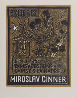 Baruch Jožka – Ex libris Miroslav Cinner, původní barevný dřevoryt, 1944
