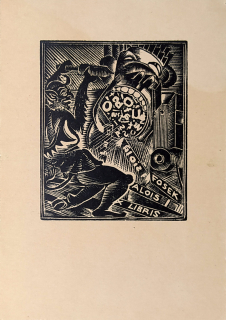 Váchal Josef – Ex libris Alois Fosek, Ďábel u sázecího stroje, původní dřevoryt, 1923
