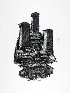 Lukavský Jaroslav – Podhradí, původní dřevoryt, 1965