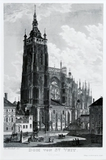 Praha – Chrám sv. Víta z třetího hradního nádvoří, Vincenc Morstadt, F. Geissler, oceloryt, 1835