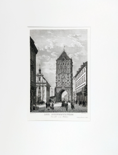 Praha – Prašná brána od západu, Vincenc Morstadt, V. Merklas, předleptaný oceloryt, 1835