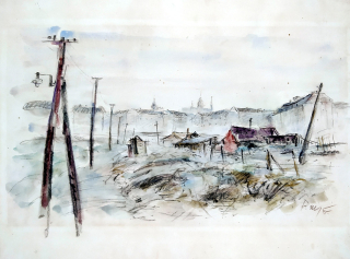 Neurčený autor – Praha, periferie, kresba suchý pastel a akvarel, ca 1930
