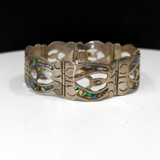 Stříbrný prořezávaný náramek s perletí (Abalone mušle), Mexiko