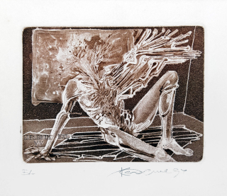 Demel Karel – Ex libris Liesbeth V. V., lept a suchá jehla, autorský tisk, 1994