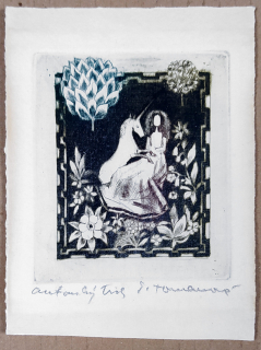 Tomanová Emilie – V zahradě, barevný lept, autorský tisk, ca 1970