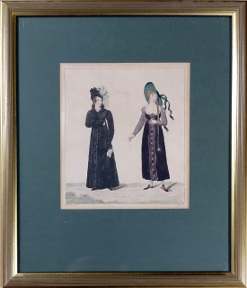 F. Z. – Biedermeier, dámská móda, staře kolorovaný obrysový lept, 1816