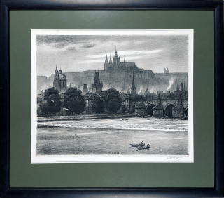 Stretti Viktor – Praha, Karlův most, původní litografie s podtiskem, 1948