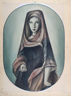 Machourek Antonín – Černá paní I., kresba tuší kolorovaná akvarelem, 1947