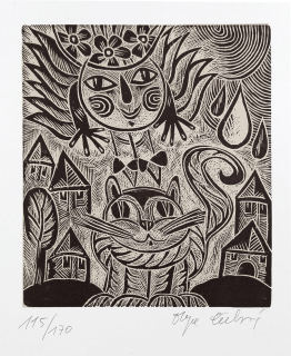Čechová Olga – Kočičino překvapení, P. F. 1979 Josef Marek, dřevoryt, 1979