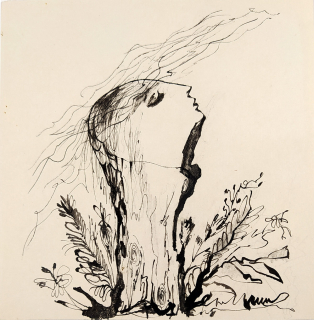 Jiřincová Ludmila – Dívka a měsíc, původní kresba tuší, ca 1960