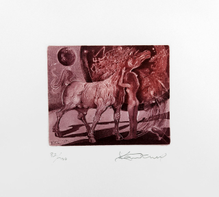 Demel Karel – Znamení I., Ex Libris V. K., barevný lept a suchá jehla, 2000