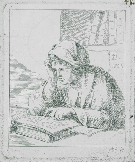 Bergler Josef – Čtenář v knihovně, mědiryt s leptem, 1806