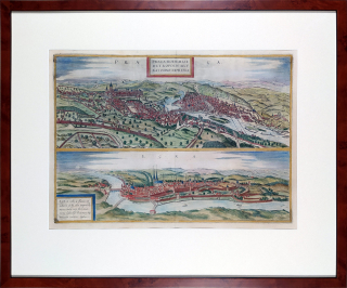 Praha a Cheb – Georg Braun & Franz Hogenberg, staře kolorovaný mědiryt, 1574