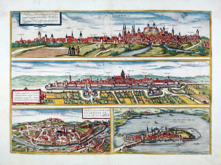 Norimberg, Ulm, Salzburg, Lindau – Georg Braun & Franz Hogenberg, staře kolorovaný mědiryt, 1582