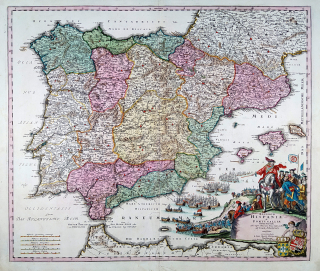Španělsko a Portugalsko – Johann Baptist Homann, kolorovaný mědiryt, ca 1720