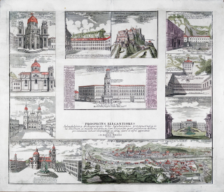 Salzburg – 11 vedut, Johann Baptist Homann, staře kolorovaný mědiryt, ca 1720
