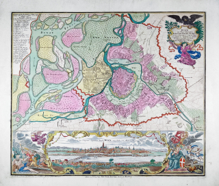 Vídeň – veduta a barokní plán města, Tobias Conrad Lotter, staře kolorovaný mědiryt, ca 1740