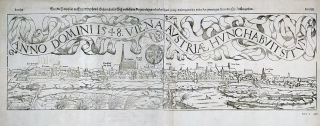 Vídeň – veduta města, Sebastian Münster, soulep dvou původních dřevořezů, 1548