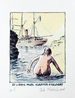 Ptáček Petr – Ex libris MUDr. Vladimír Koblovský, barevná litografie, 2007