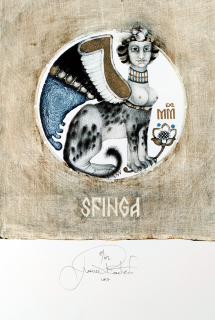 Richterová Marina – Sfinga, Ex libris MM, barevná litografie, 2017