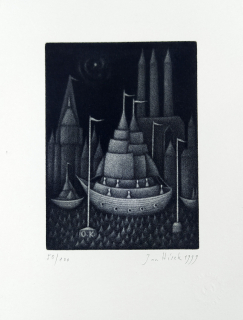 Hísek Jan – Lodě, původní mezzotinta, 1999