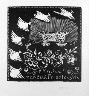 Macková Anna – Ex libris, Z knih manželů Friedlových, původní dřevoryt, ca 1920