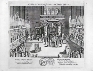 Frankfurt nad Mohanem – Korunovace Ferdinanda II. římským císařem, Eberhard Kieser, mědiryt, 1626