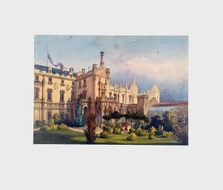 Lednice – pohled na zámek, Haun August, původní staře kolorovaná litografie, 1860
