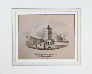 Praha – Prašná brána, malba tuší, 2. polovina 19. století