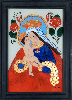 Neznámý autor – Madona s Ježíškem, lidová podmalba na skle, 2. pol. 20. stol.