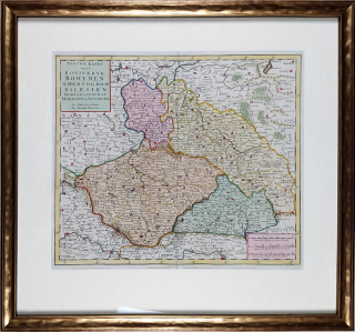 Čechy, Morava, Slezsko a Lužice – Isaak Tirion, původní staře kolorovaný mědiryt, ca 1740