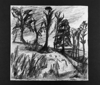 Reynek Bohuslav – Bez názvu (Úvoz II., Krajina se stromy), kresba uhlem na ručním papíře, s posudkem, 1913