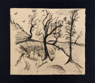 Reynek Bohuslav – Bez názvu (Úvoz I., Krajina se stromy), kresba uhlem na ručním papíře, s posudkem, 1913