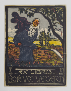Váchal Josef – Ex libris Bořivoj Weigert, původní barevný dřevoryt, 1919