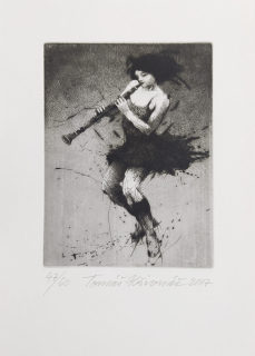 Hřivnáč Tomáš – Dívka s klarinetem, Ex libris M. Č., suchá jehla, 2017