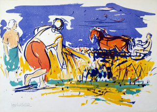 Sedláček Vojtěch – Svoz sena, původní barevná signovaná litografie, ca 1950