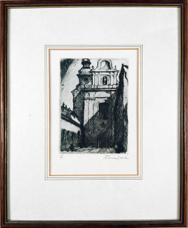 Konůpek Jan – Průčelí kostela, původní signovaný lept, ca 1920
