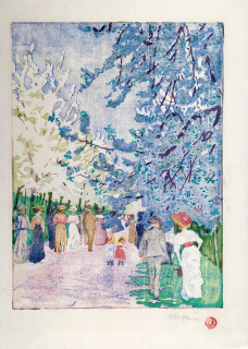 Hofbauer Arnošt – Třešňová alej ze Selce do Roztok, barevný dřevoryt, ca 1910