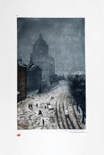 Röhling Vladislav – Praha, Wilsonova ulice, původní barevná akvatinta, ca 1920