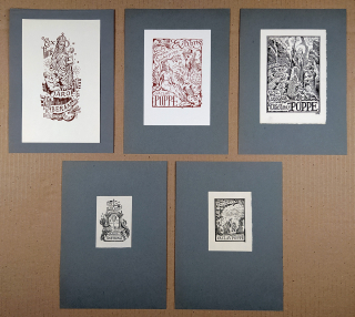 Konůpek Jan – Pět Ex libris, původní dřevoryty a litografie, ca 1940