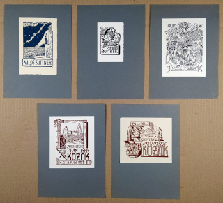 Konůpek Jan – Pět Ex libris, původní dřevoryty a litografie, ca 1940