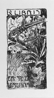 Hlaváček Karel – Ex libris Emanuel z Lešehradu, původní dřevoryt, ca 1900
