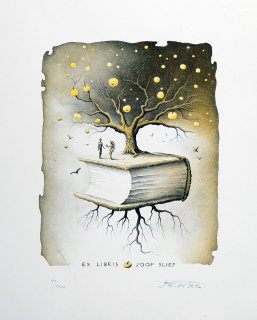 Jelen Oldřich – Adam a Eva, Ex libris Joop Sliep, barevná litografie, 2016